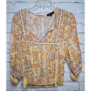 Rachel Zoe yellow boho floral smocked v-neck spring/summer blouse top small